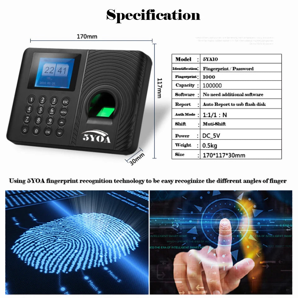 Fingerprint Attendance Biometric Machine System Employee Keypad Electric Time Clock Recorder USB Data Manage