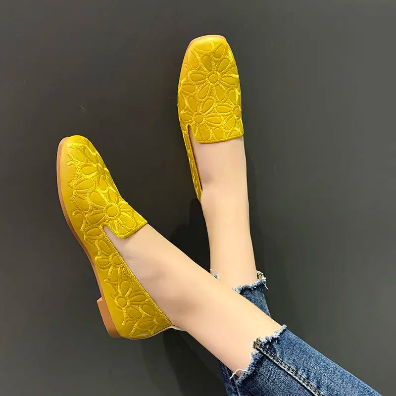 Square Toe Summer Shoes for Women Embroidery Designer Shoes Soft Slipon Loafers Moccasin Leisure