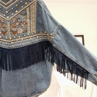 Floral Embroidery Suede Fringe Loose Chaquetas Mujer Coat Long Sleeve Outerwear Women Veste Femme