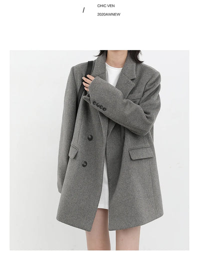 Wool Blend Coat Solid Mid Long Woolen Blazer Thick Warm Blouse