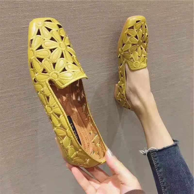 Square Toe Summer Shoes for Women Embroidery Designer Shoes Soft Slipon Loafers Moccasin Leisure