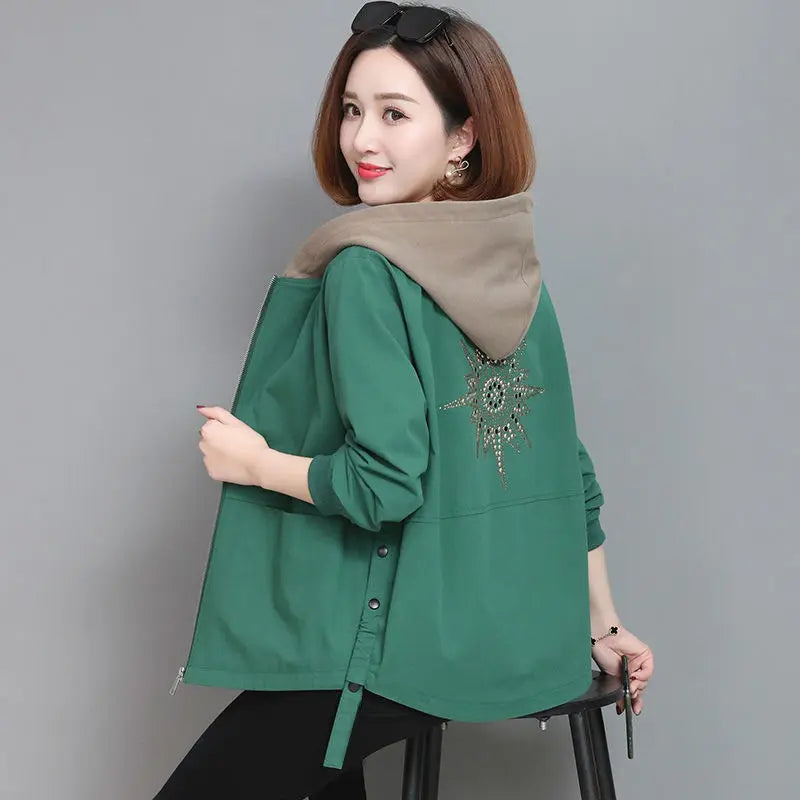 New Ovesized Hooded Short Loose Printed Coat Female Spring Autumn Outerwear