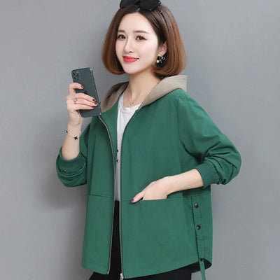 New Ovesized Hooded Short Loose Printed Coat Female Spring Autumn Outerwear