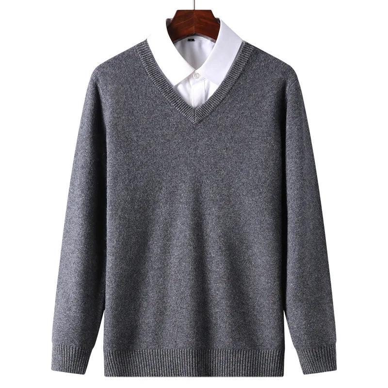 Cashmere Cotton Blend Classic V-Neck Pullover Men Sweater