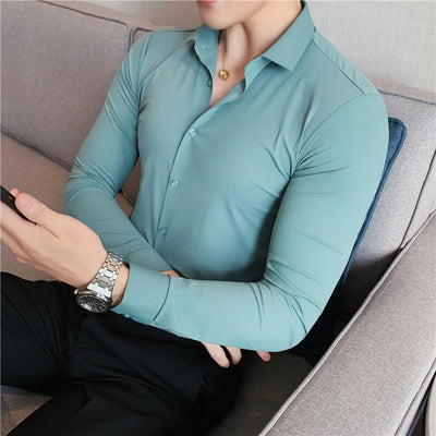 High Elasticity Seamless Shirts Men Long Sleeve Top Quality Slim Casual Luxury Shirt Social Formal Dress Shirts