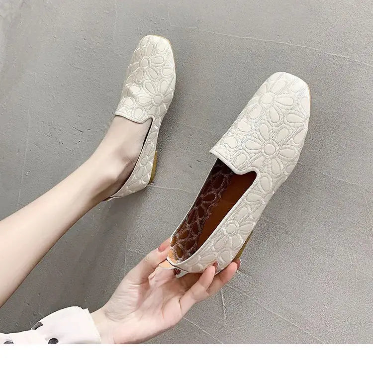 Square Toe Summer Shoes for Women Embroidery Designer Shoes Soft Slipon Loafers Moccasin Leisure