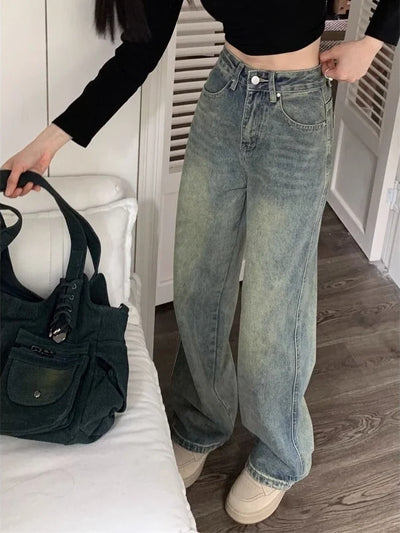 Women Vintage Streetwear Washed Denim Pants Grunge Basic Slouchy Blue Trousers Femme Autumn