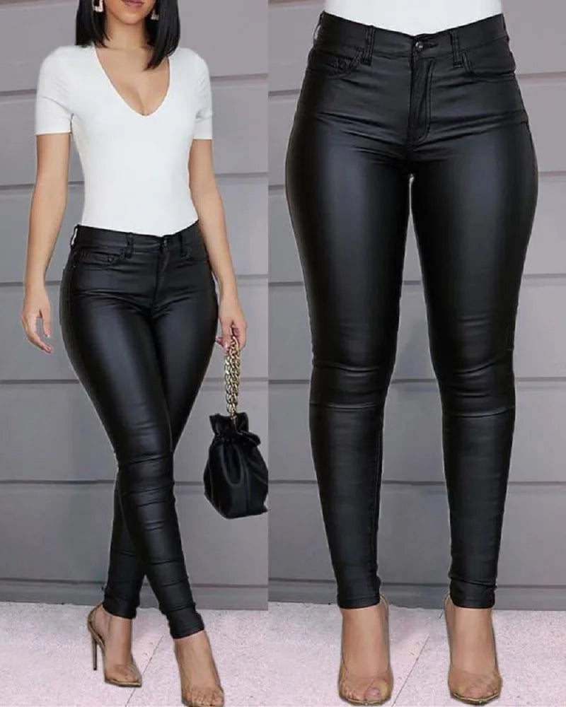 Women PU Leather Pants Black Sexy Stretch Bodycon Trousers