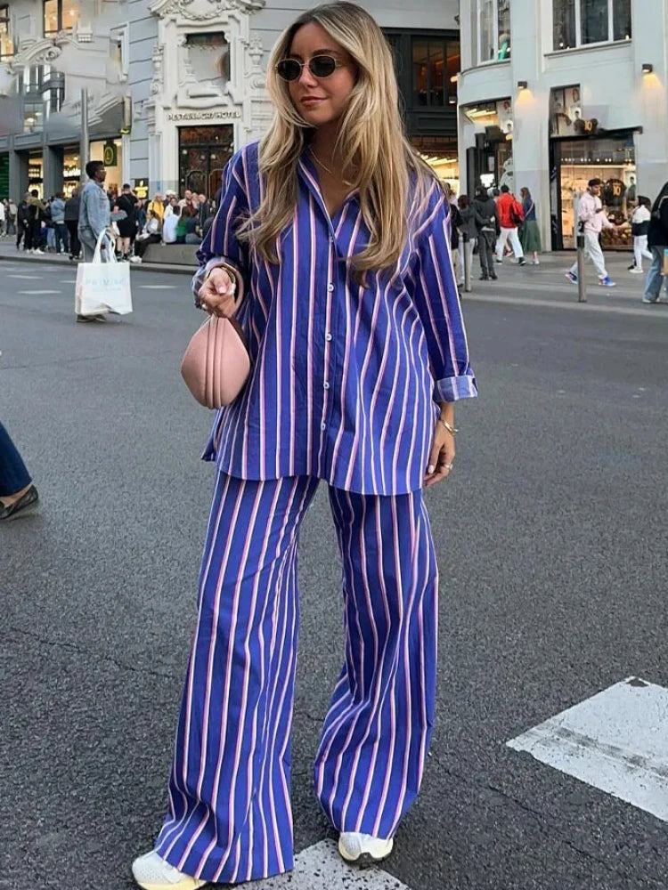 Women's Striped Shirt Pants Suit Lapel Long Sleeves Top High Elastic Waist Pockets Straight Leg Pant Female Set