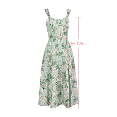 Green Lace Up Floral Print Dress Elegant with Boning Casual Party Holiday Dress High Quality