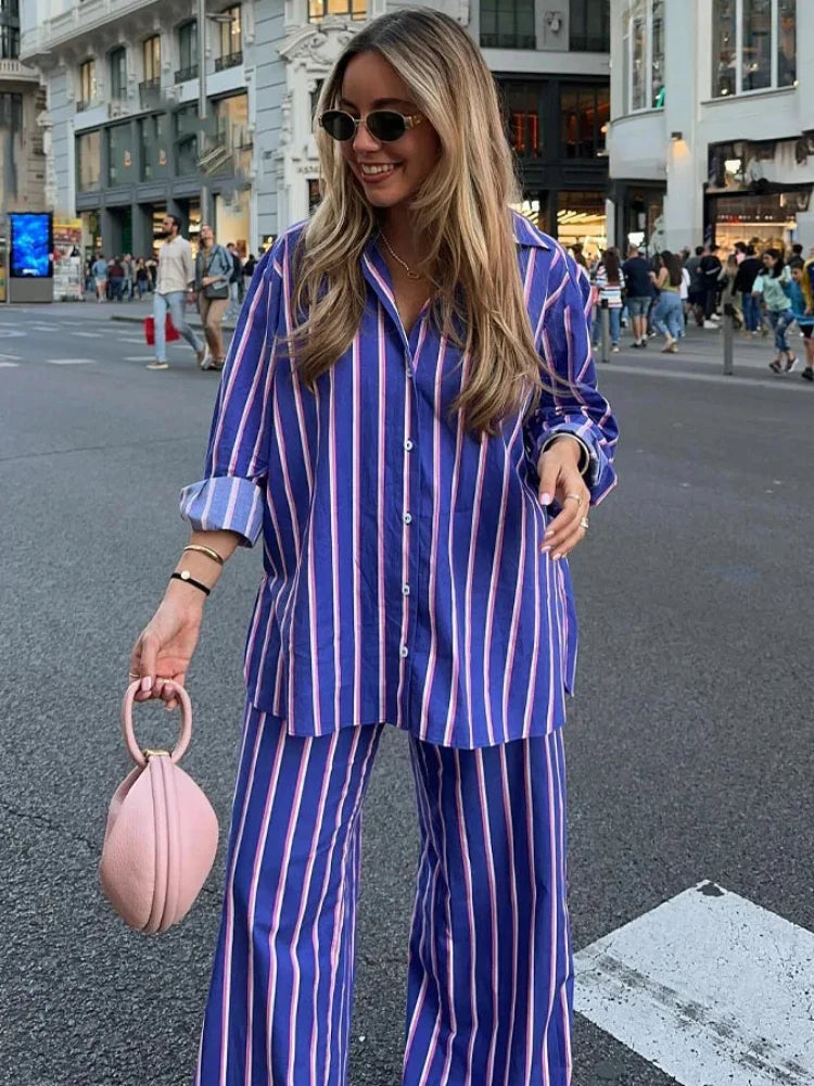 Women's Striped Shirt Pants Suit Lapel Long Sleeves Top High Elastic Waist Pockets Straight Leg Pant Female Set