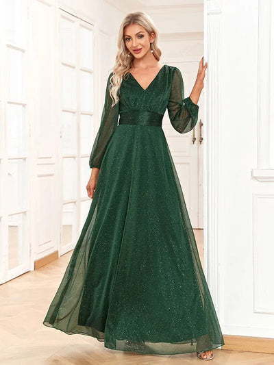 Ladies Wedding Bridesmaid Dress Elegant New V Neck Shiny Chiffon Evening Gown A Line Long Sleeve Party Dress Women Evening Wear