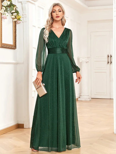 Ladies Wedding Bridesmaid Dress Elegant New V Neck Shiny Chiffon Evening Gown A Line Long Sleeve Party Dress Women Evening Wear