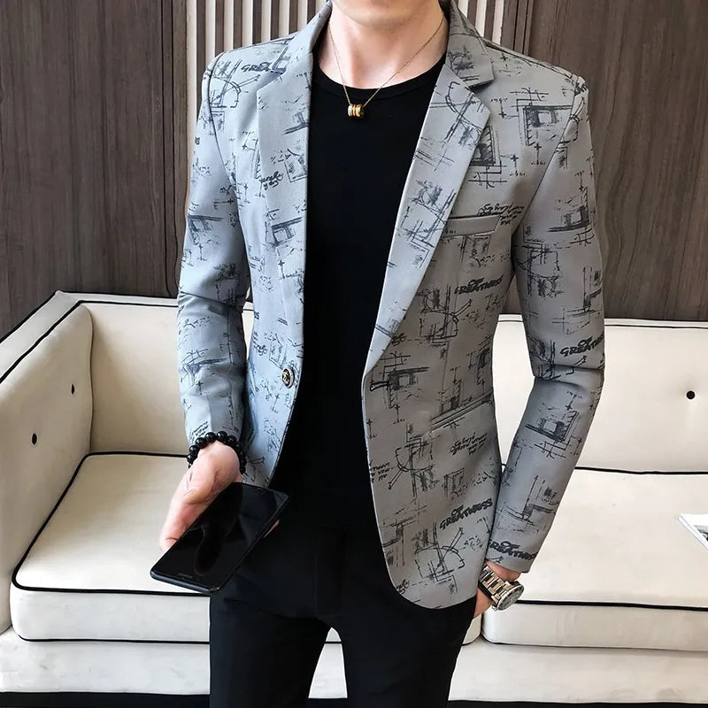 Spring Fashion High-quality Men Korean Version of The Printed Slim Formal Wedding Party Prom Suit Jacket