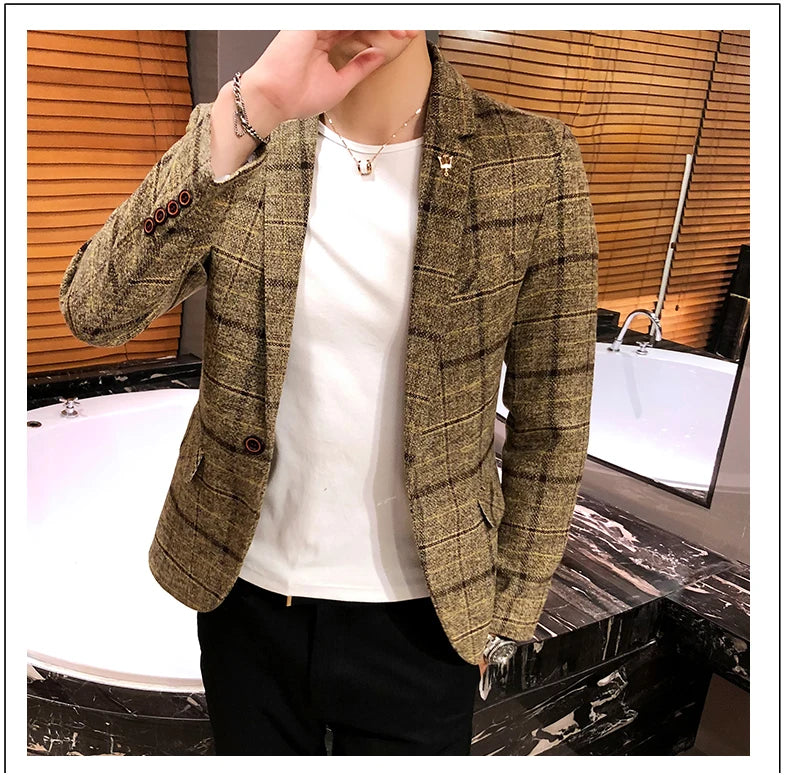 New Men's Casual Plaid Suit Jacket