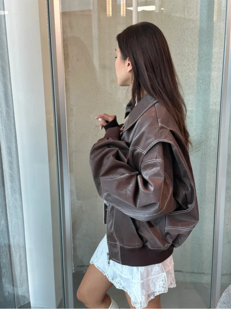 Casual Zipper Solid Color Women's Pu Leather Jacket Retro Lapel Long Sleeved Short Coat