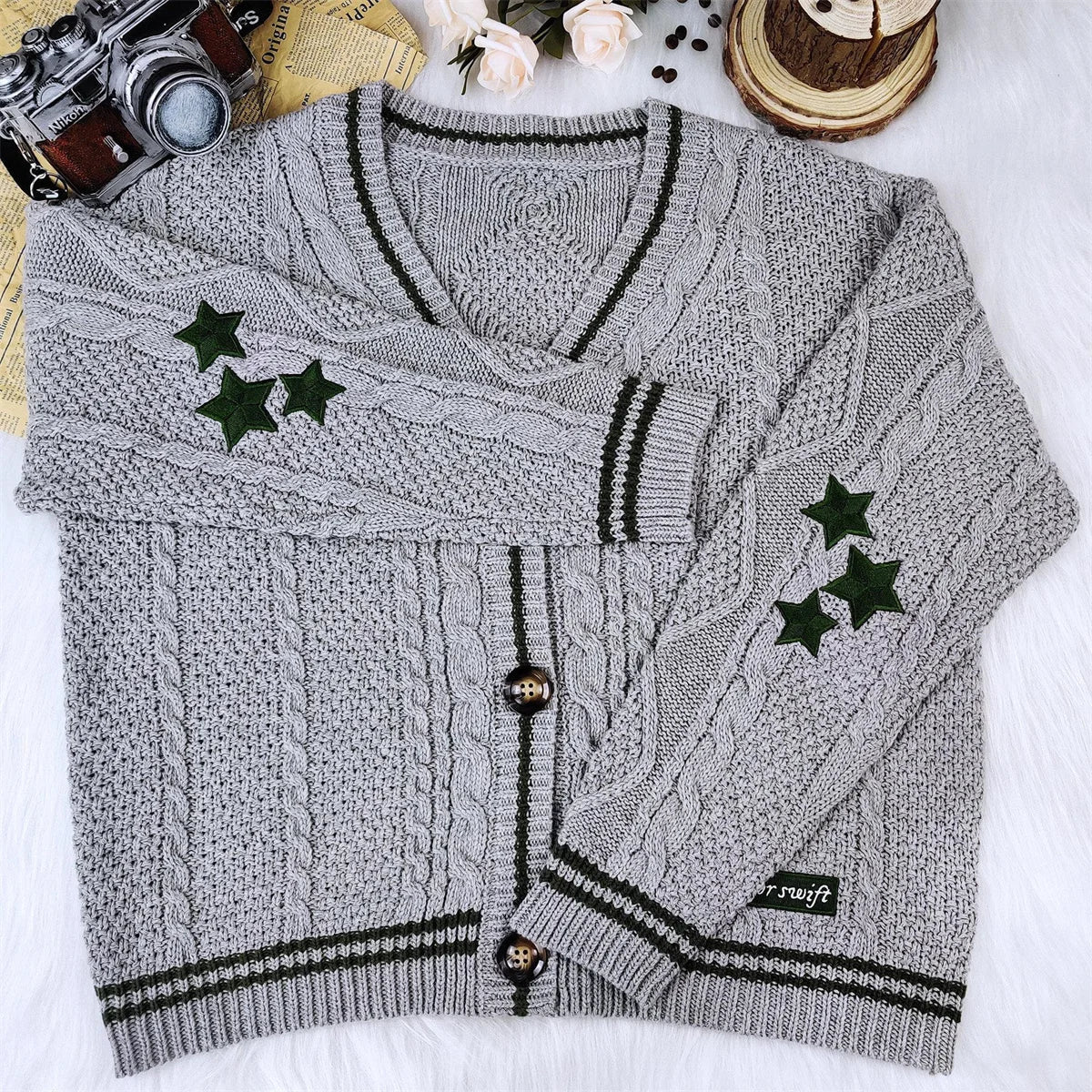 Knitted Cardigans Coat Star Embroidery Y2K Sweaters Streetwear Vintage Casual Single Breasted Long Sleeve Top