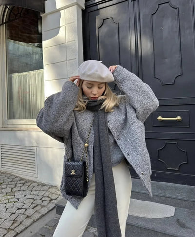 Woman's Oversized Bomber Jacket Autumn New Round Neck Long Sleeve Pocket Hidden Button Loose Jackets Coat Female Outerwear