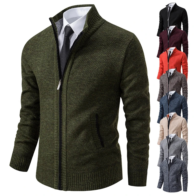 New Jersey Men's Casual Sports Coat Solid Color Stand Collar Wweater Grab Fleece Warm Zipper Cardigan