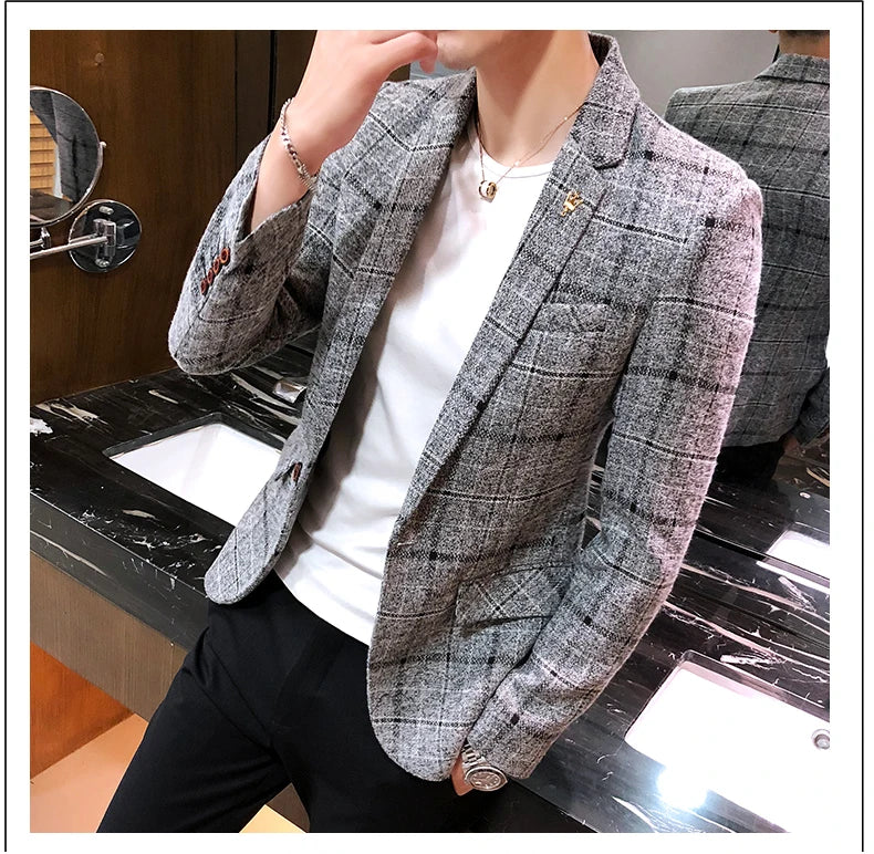 New Men's Casual Plaid Suit Jacket