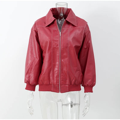 Casual Zipper Solid Color Women's Pu Leather Jacket Retro Lapel Long Sleeved Short Coat