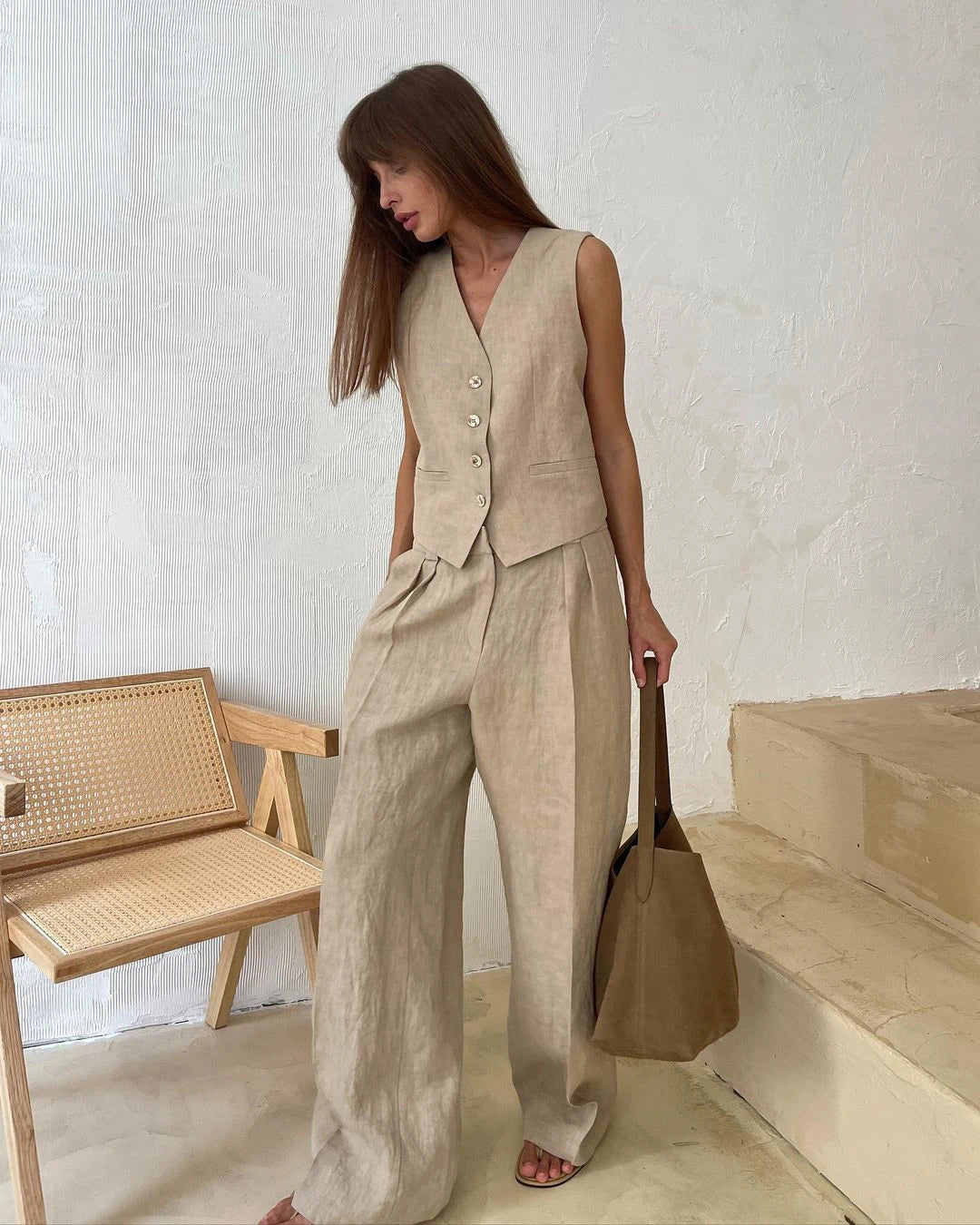 Wolfeel Womem Linen Cotton Chic Vest ＆ Pants Suit Two-Piece