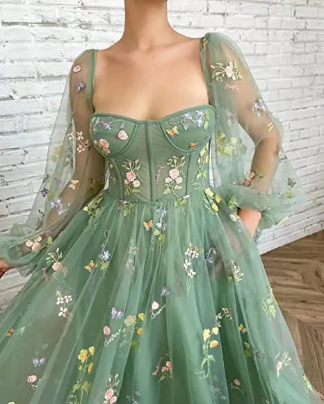 Fairy Puffy Sleeve Lace Embroidery Tulle Formal Evening Party Gown Elegant Tea Lengt Robe De Soiré