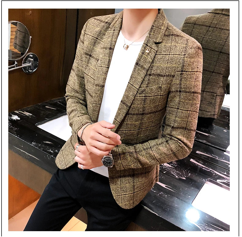 New Men's Casual Plaid Suit Jacket