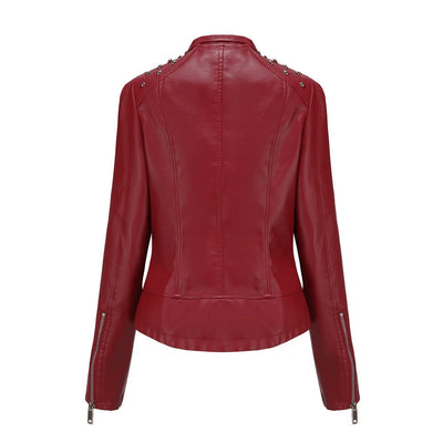 Women's Punk Rivet Leather Jacket Spring Autumn Retro Turndown Collar Slim Casual Ladies Faux Soft Leather Moto Biker Outerwear