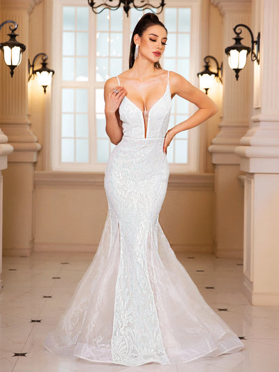 Sleeveless V Neck Sequined Mermaid White Wedding Party Dress Backless Floor Length Evening Prom Gown