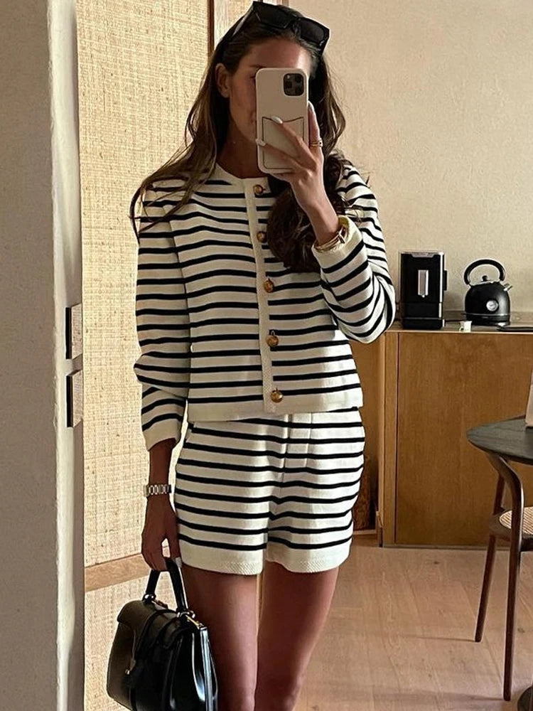 Zebra Printed Cardigan And High Waist Patchwork Shorts Sets Knitwear Outfits