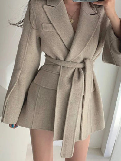 Lapel Coat Women Belt Full Sleeve Spliced Pockets