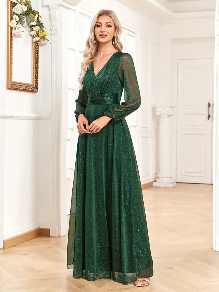 Ladies Wedding Bridesmaid Dress Elegant New V Neck Shiny Chiffon Evening Gown A Line Long Sleeve Party Dress Women Evening Wear