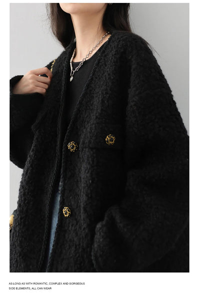 Woolen Coat Heavy Industry Down Jacket Vintage V-Neck Woman Down Coat