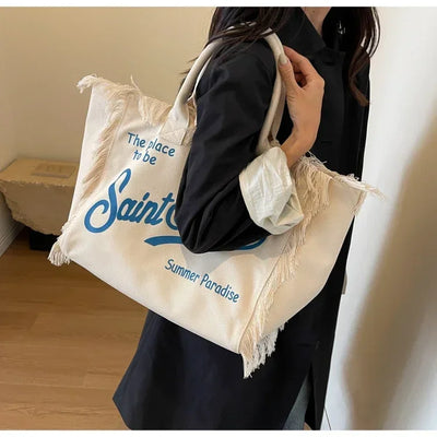 New Hot Selling Canvas Solid Color Women's Bag Large Capacity Printed Letter Tassel Splicing High-quality Handbag