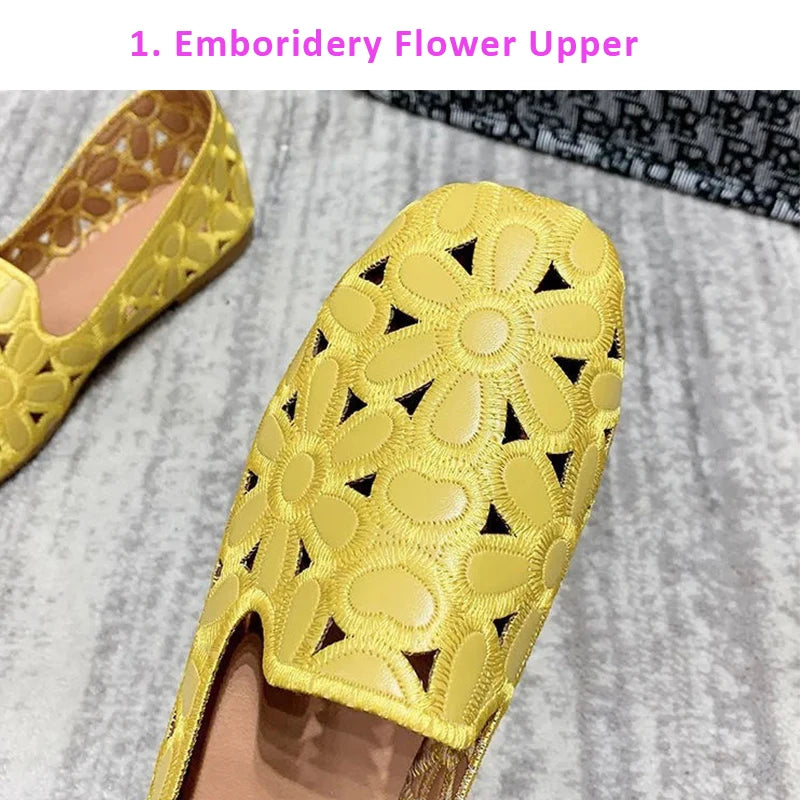 Square Toe Summer Shoes for Women Embroidery Designer Shoes Soft Slipon Loafers Moccasin Leisure