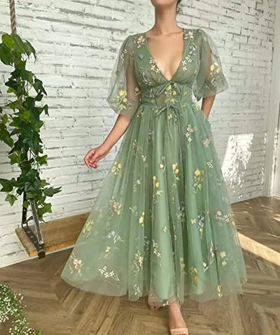 Fairy Puffy Sleeve Lace Embroidery Tulle Formal Evening Party Gown Elegant Tea Lengt Robe De Soiré