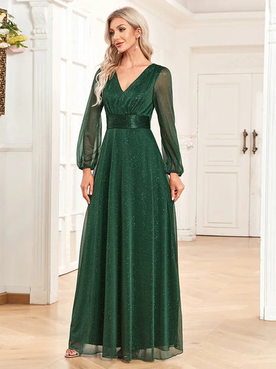 Ladies Wedding Bridesmaid Dress Elegant New V Neck Shiny Chiffon Evening Gown A Line Long Sleeve Party Dress Women Evening Wear