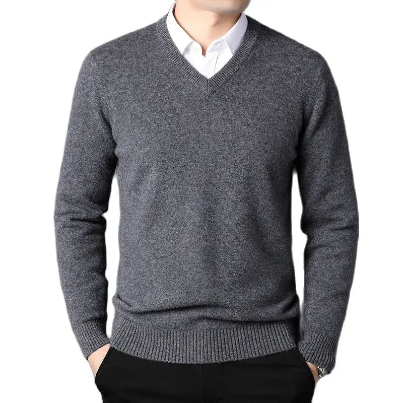 Cashmere Cotton Blend Classic V-Neck Pullover Men Sweater