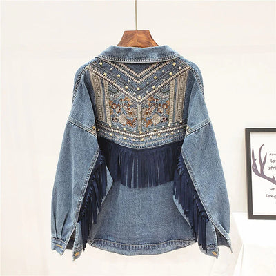 Floral Embroidery Suede Fringe Loose Chaquetas Mujer Coat Long Sleeve Outerwear Women Veste Femme