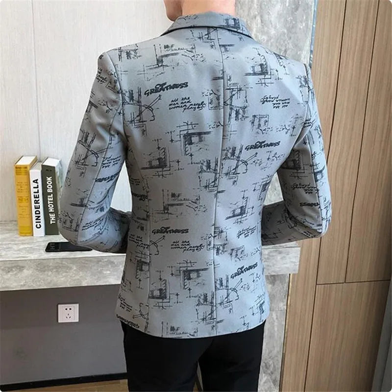 Spring Fashion High-quality Men Korean Version of The Printed Slim Formal Wedding Party Prom Suit Jacket