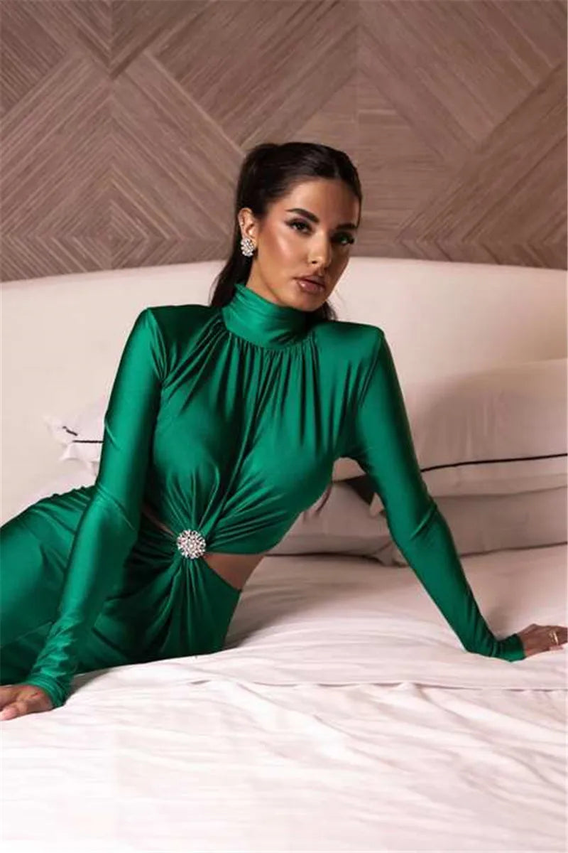 Elegant Hollow Out Sexy Maxi Dress For Women Autumn Winter New Turtleneck Long Sleeve Bodycon Club Party Evening Dress