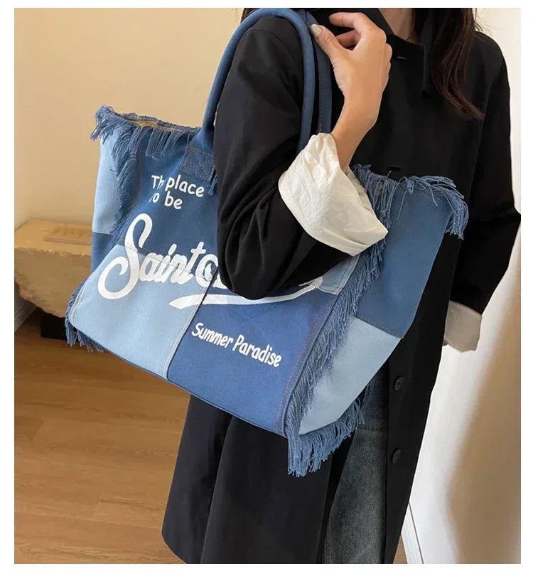 New Hot Selling Canvas Solid Color Women's Bag Large Capacity Printed Letter Tassel Splicing High-quality Handbag