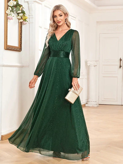 Ladies Wedding Bridesmaid Dress Elegant New V Neck Shiny Chiffon Evening Gown A Line Long Sleeve Party Dress Women Evening Wear