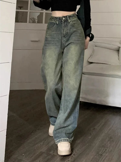 Women Vintage Streetwear Washed Denim Pants Grunge Basic Slouchy Blue Trousers Femme Autumn