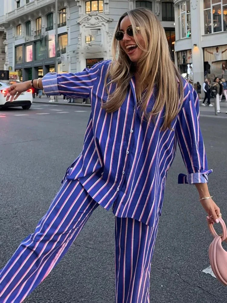 Women's Striped Shirt Pants Suit Lapel Long Sleeves Top High Elastic Waist Pockets Straight Leg Pant Female Set