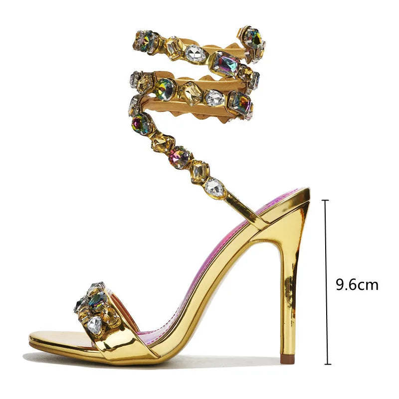 Luxury Crystal Embellished Wraparound Women Sandals Stiletto High heels Gladiator Sandals Summer Wedding Prom Shoes