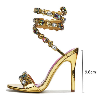 Luxury Crystal Embellished Wraparound Women Sandals Stiletto High heels Gladiator Sandals Summer Wedding Prom Shoes