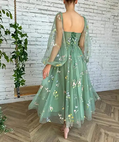 Fairy Puffy Sleeve Lace Embroidery Tulle Formal Evening Party Gown Elegant Tea Lengt Robe De Soiré