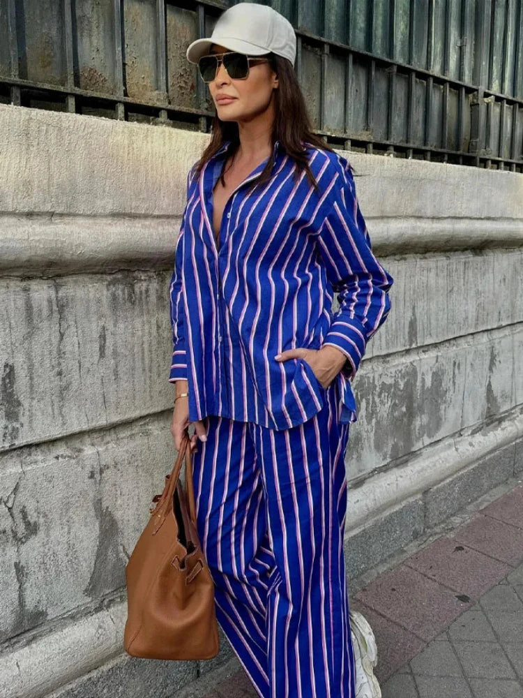 Women's Striped Shirt Pants Suit Lapel Long Sleeves Top High Elastic Waist Pockets Straight Leg Pant Female Set